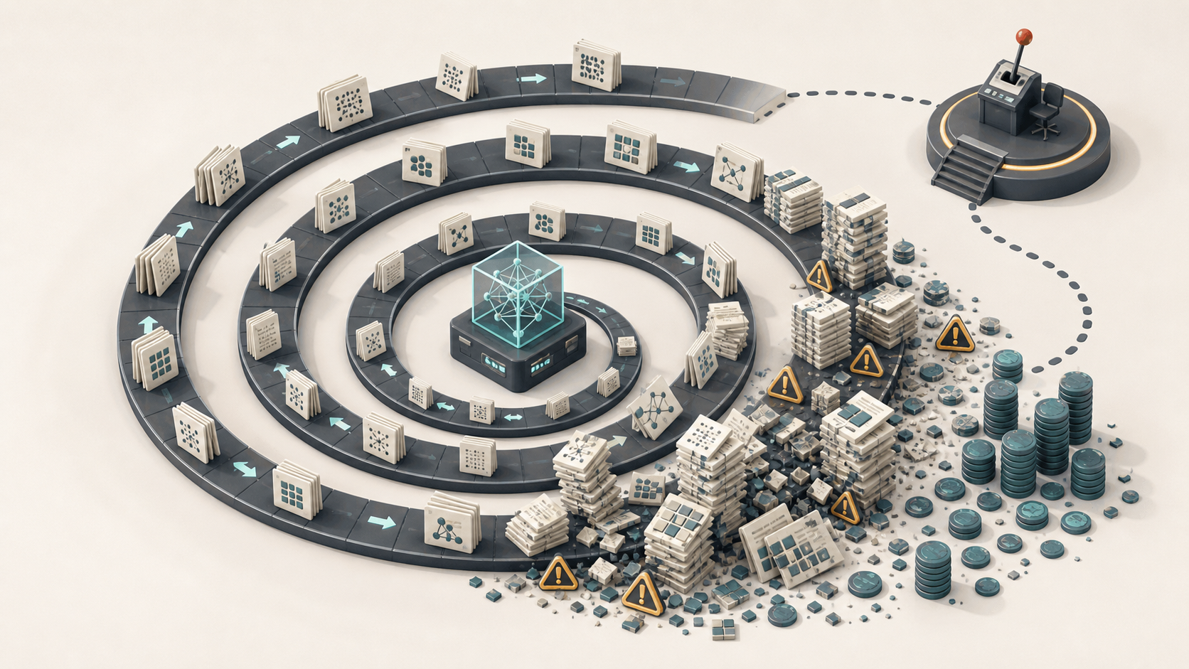 A generated diagram shows an open-ended AI loop spiraling into duplicated artifacts, warning signals, and token piles outside the lane.